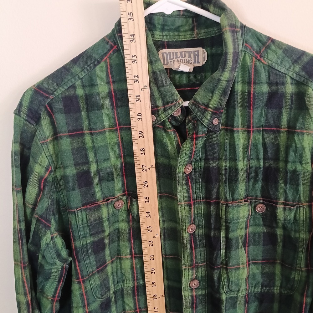 Duluth Trading Co Plaid Flannel Shirt Mens L Tall Green Excellent Slim Fit - Picture 7 of 8